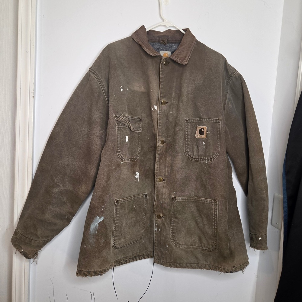 Vintage Carhartt Chore Coat Brown Duck Canvas Blanket Lined Distressed Mens XL